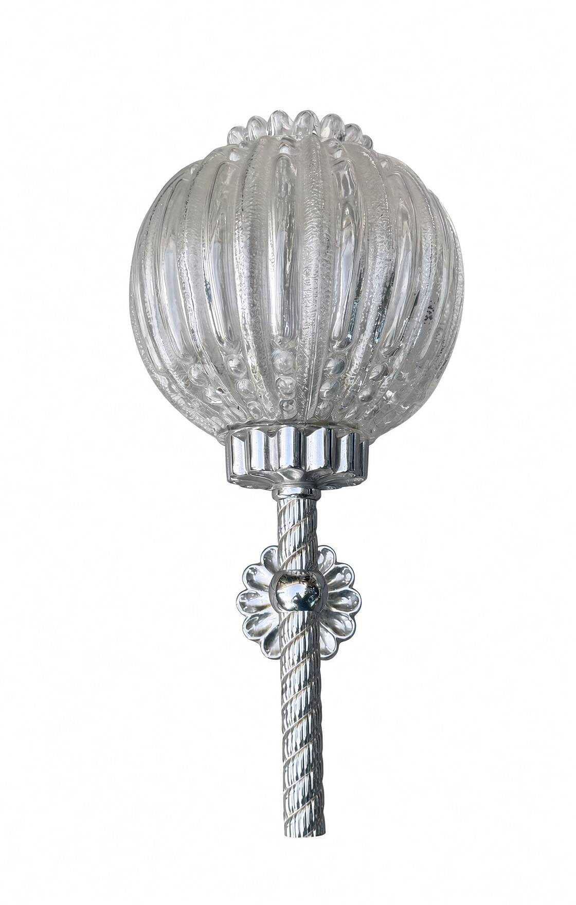Pair of vintage wall lights; chrome striped glass floral globes; 1960s-70s.