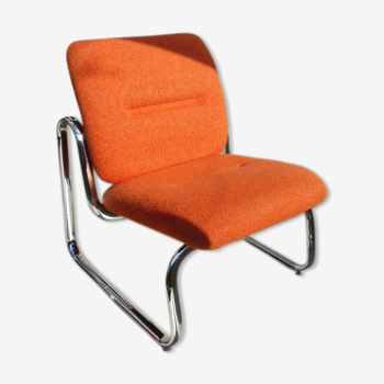 Fauteuil orange années 70 en métal chromé et tissu