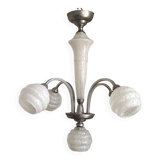 French Art Deco chandelier in silver-finished brass with 5 lights, Clichy white glass 4456.