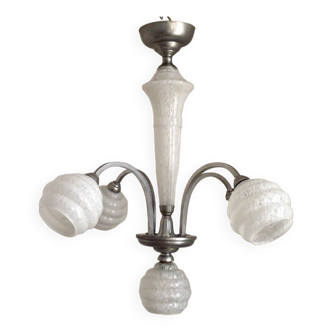 French art deco silver finish brass 5 light chandelier white clichy glass 4456