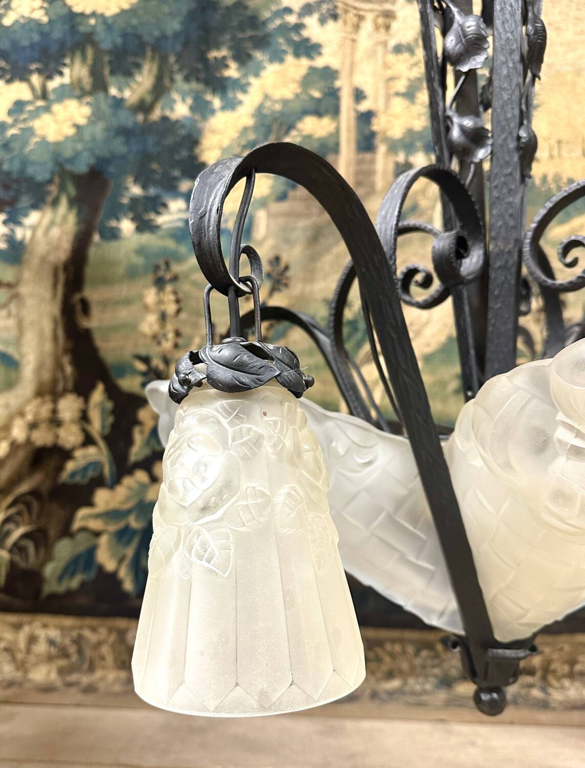 Degué - art deco period molded glass and wrought iron chandelier