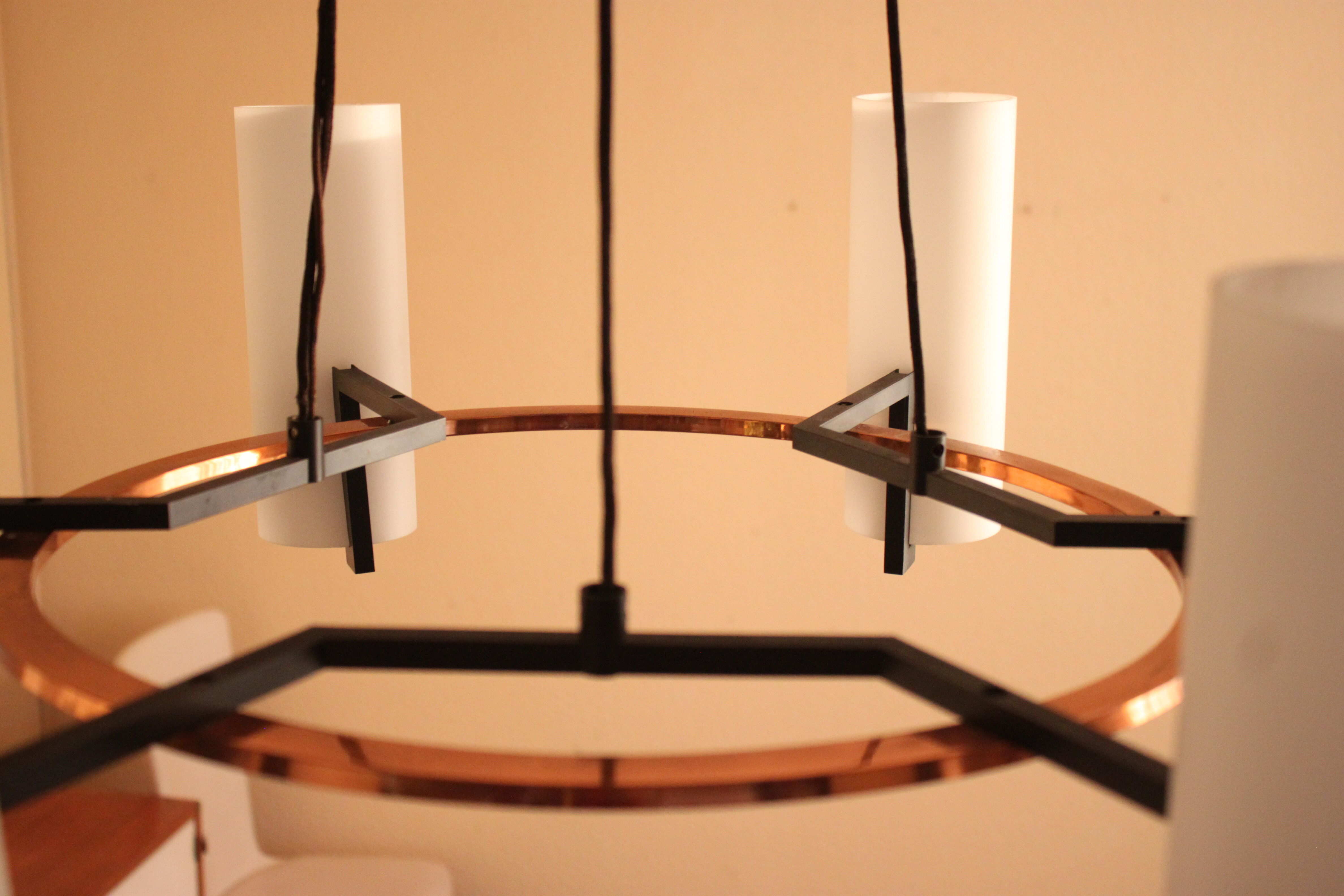 Modernist chandelier of the 60s, copper and opaline, cathedral