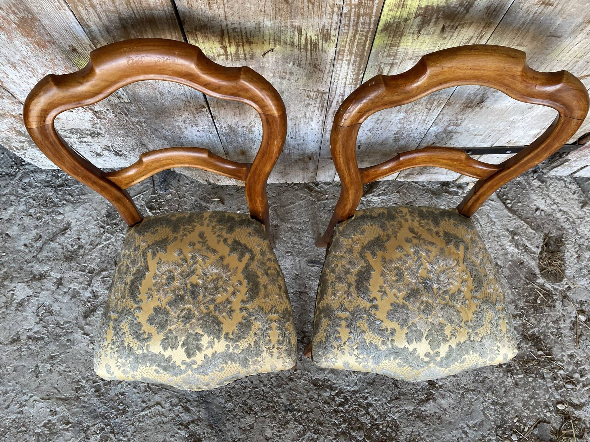 Pair of Antique Louis Philippe Chairs Wood + Fabric Seat 19th Century Vintage