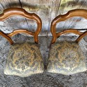 Pair of Antique Louis Philippe Chairs Wood + Fabric Seat 19th Century Vintage