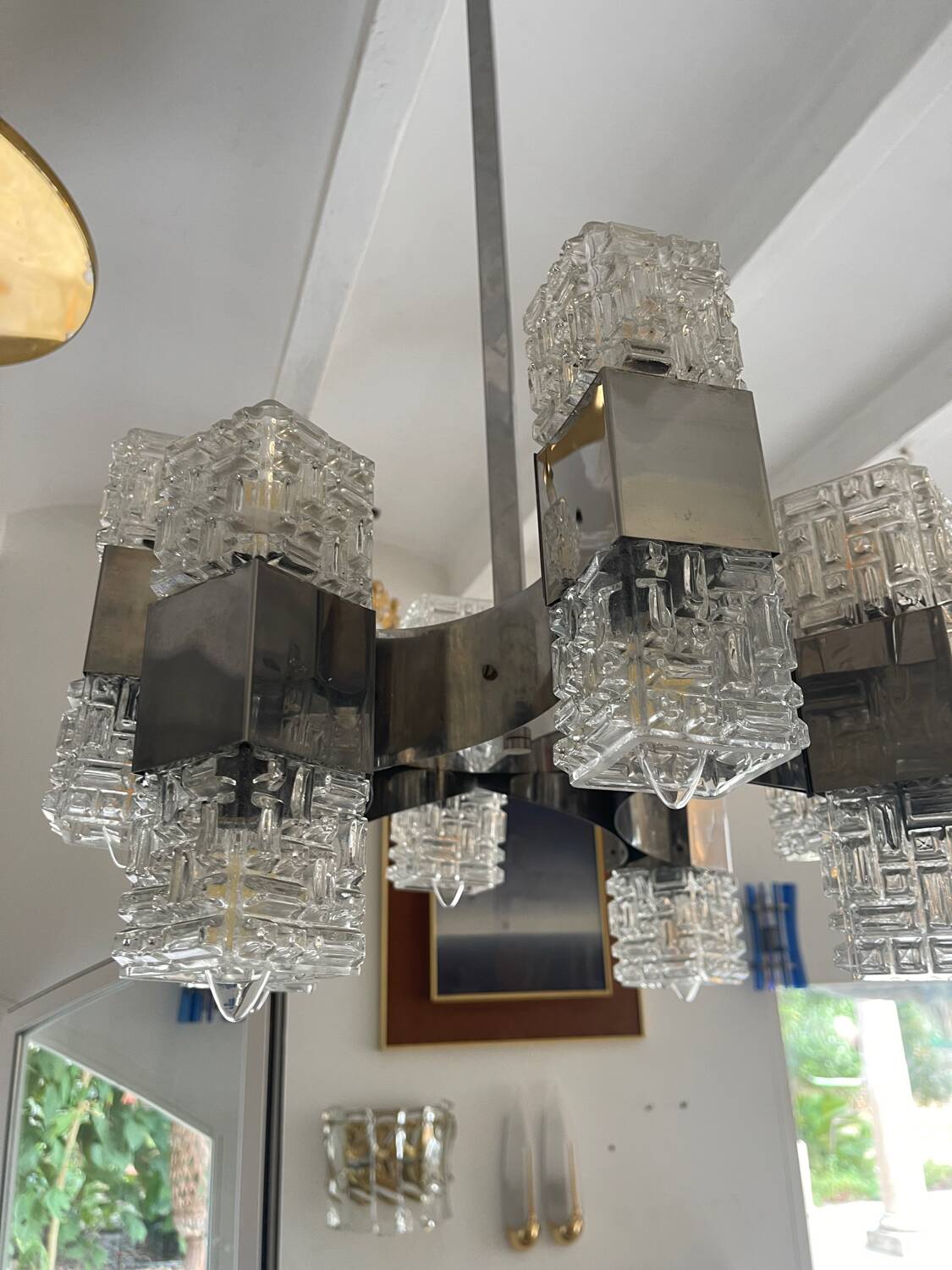 Sciolari 16-light glass and chrome chandelier, Italy 1970