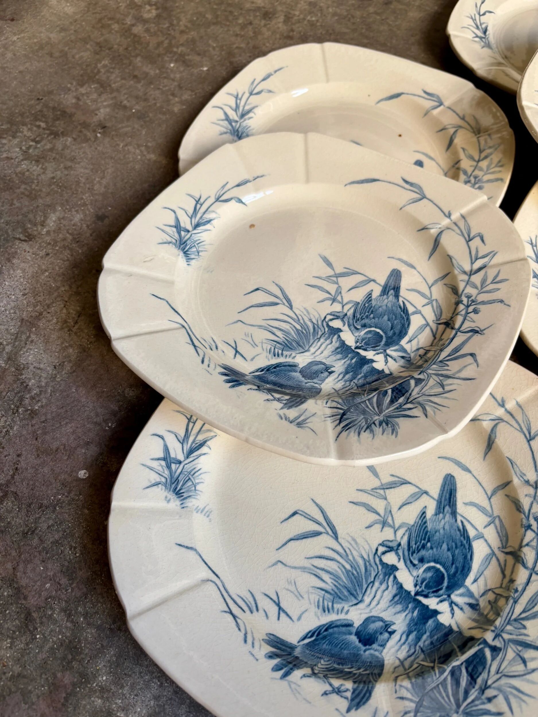 6 dessert plates Gien in blue ironstone, "Birds" service circa 1870 no. 2