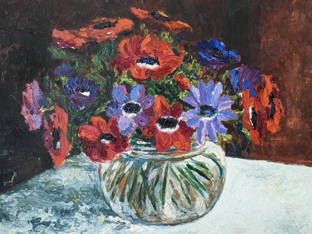 Antique painting still life old acrylic on canvas bouquet of flowers