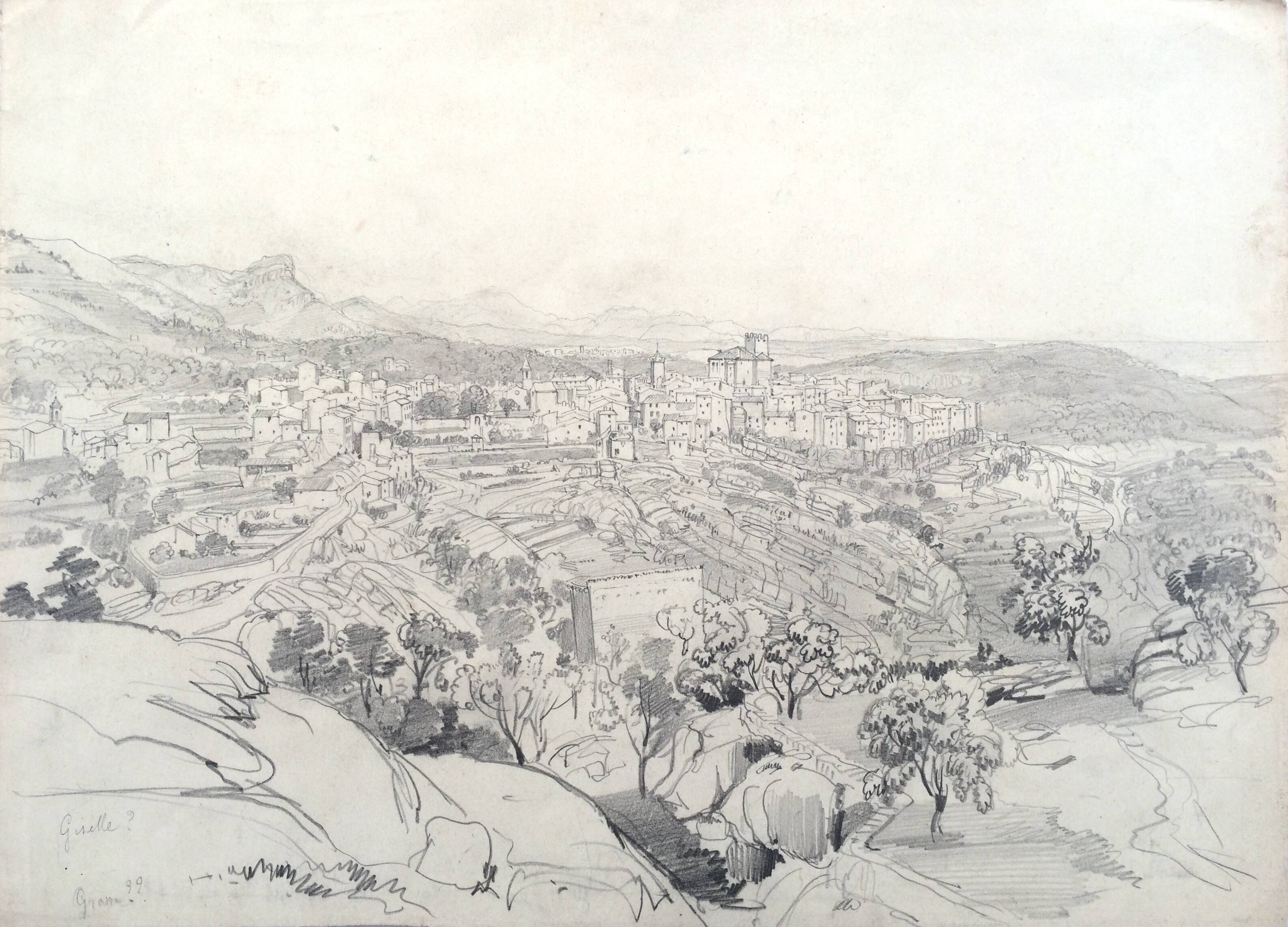 Félix BENOIST, Presumed view of Grasse. Pencil drawing, 19th century