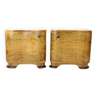 Art Deco Bedside Tables In Walnut Veneer, Czechoslovakia 1940s, Set Of 2