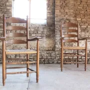 Pair of Dutch oak ladderback armchairs with rush seats – 1960s