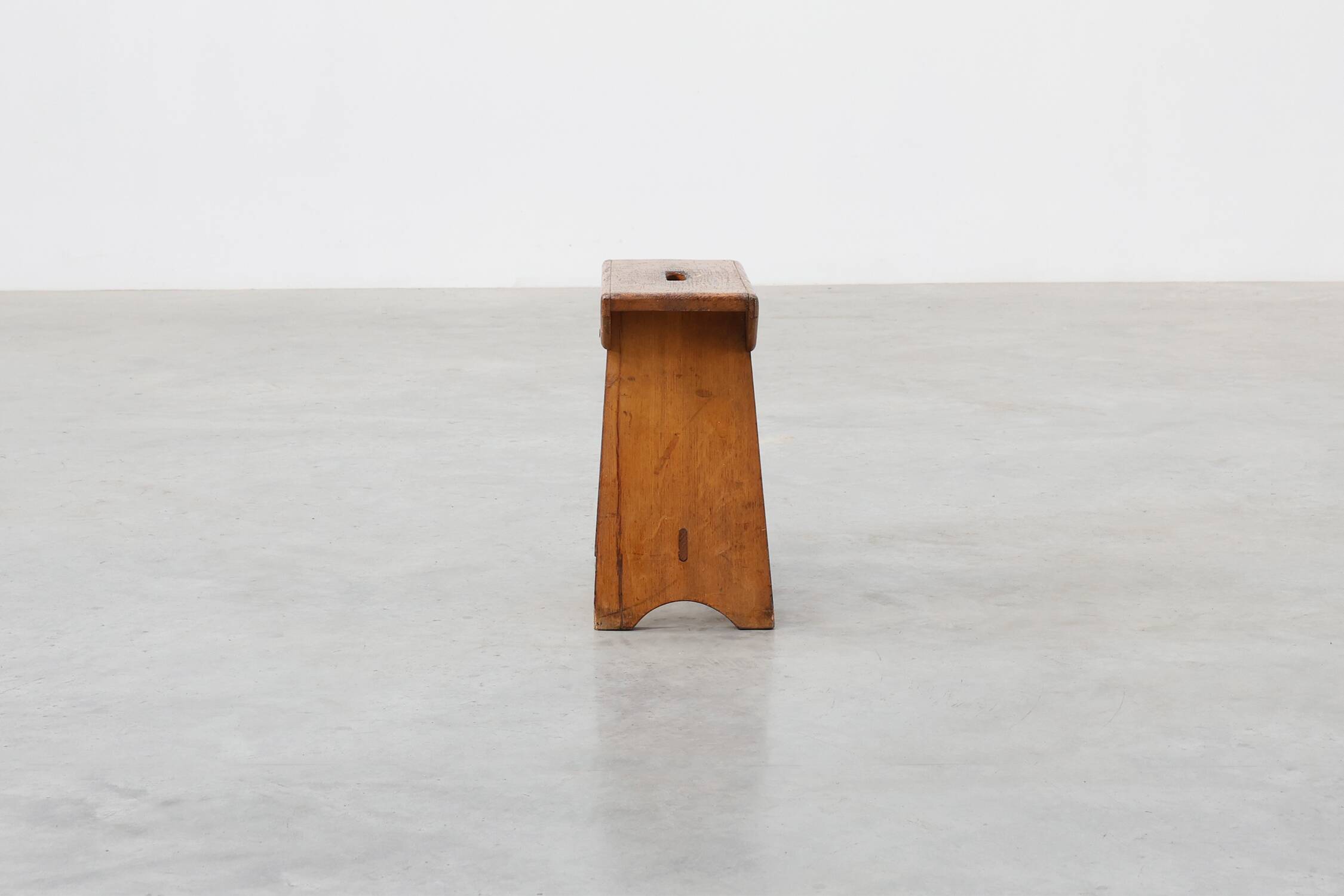 Rustic Pine Stool with Cut-Out Trestle Legs, Sweden, circa 1920
