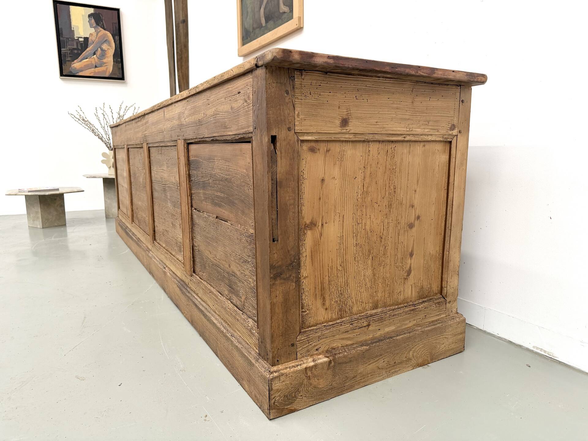 Very large pine trade counter, circa 1920.