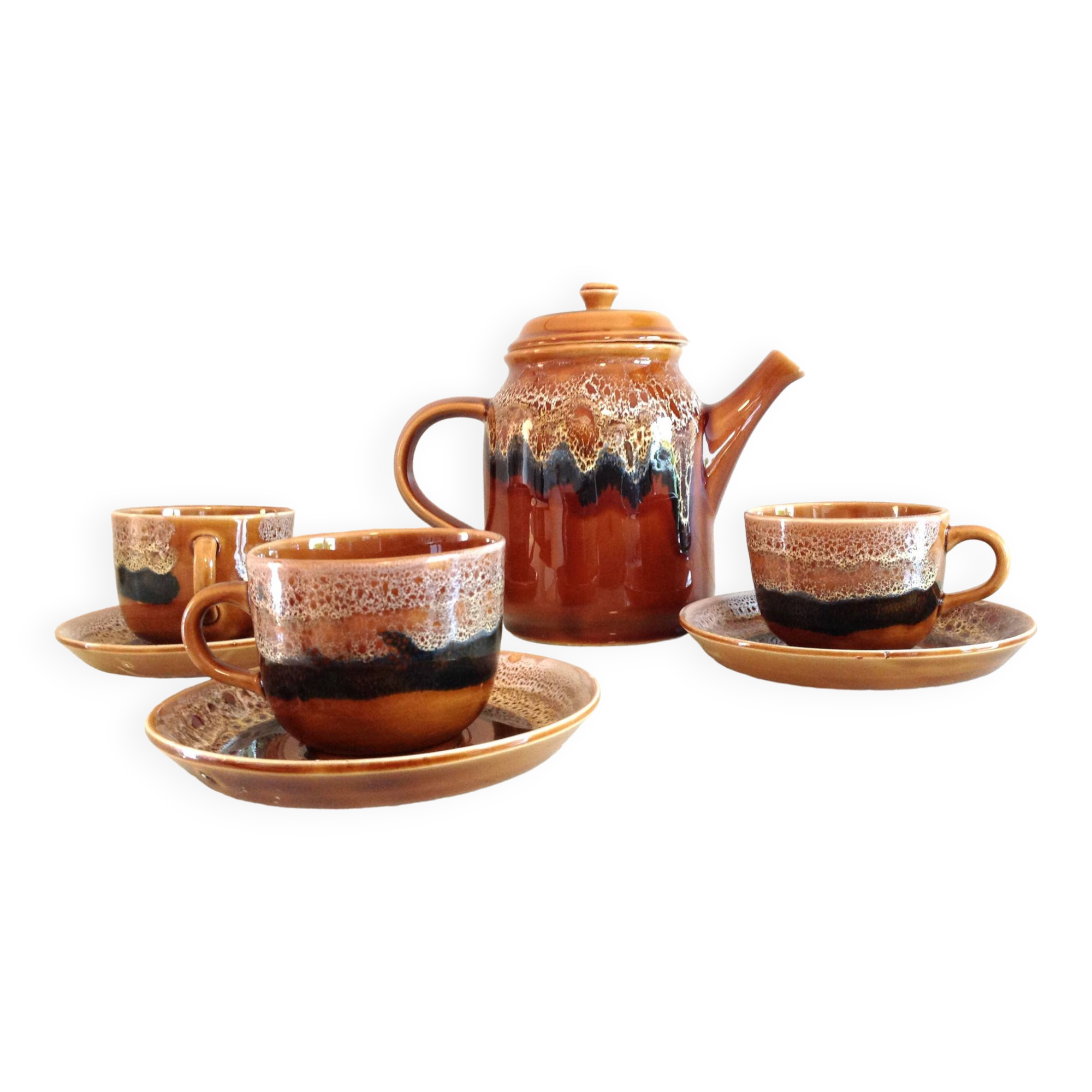 Hawaiian decor coffee service from the Sarreguemines faience factories / vintage 60s-70s