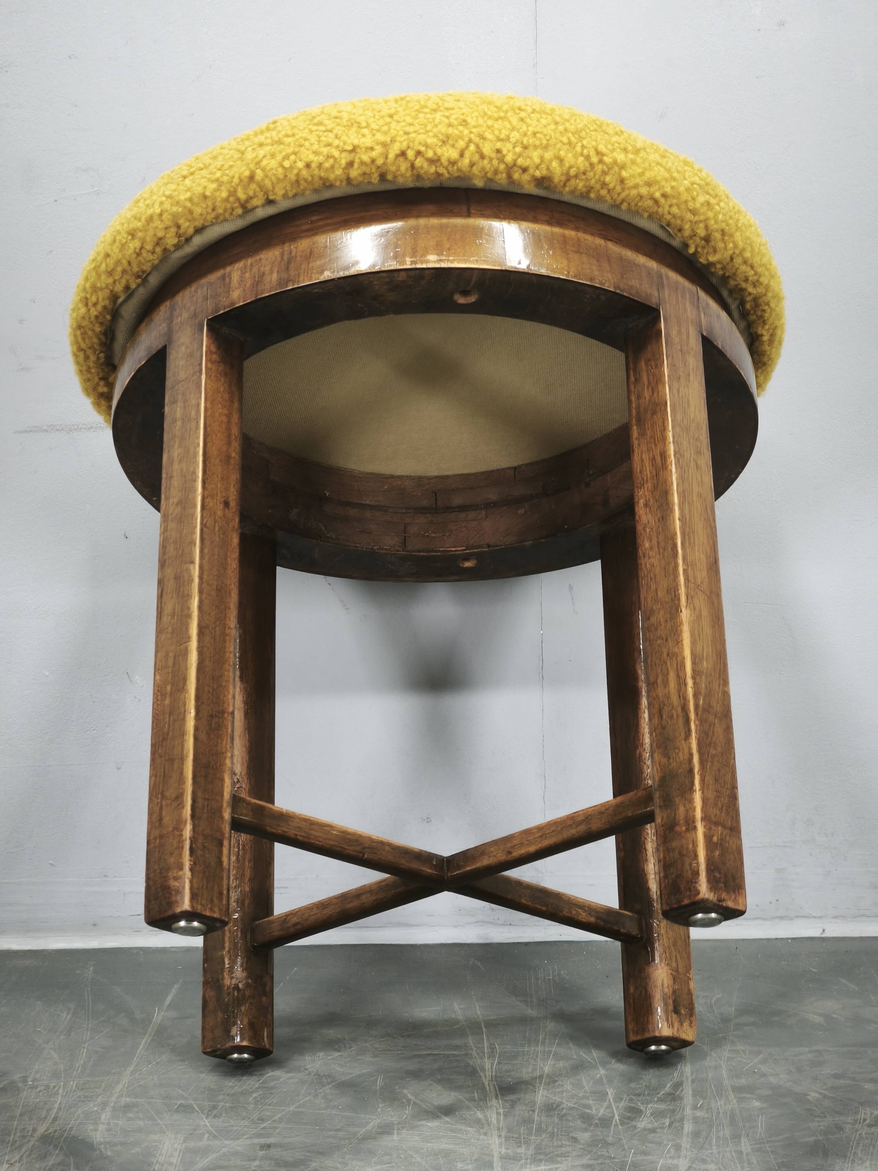 1930s Czech Art Deco Beechwood Stool with Bouclé Upholstery