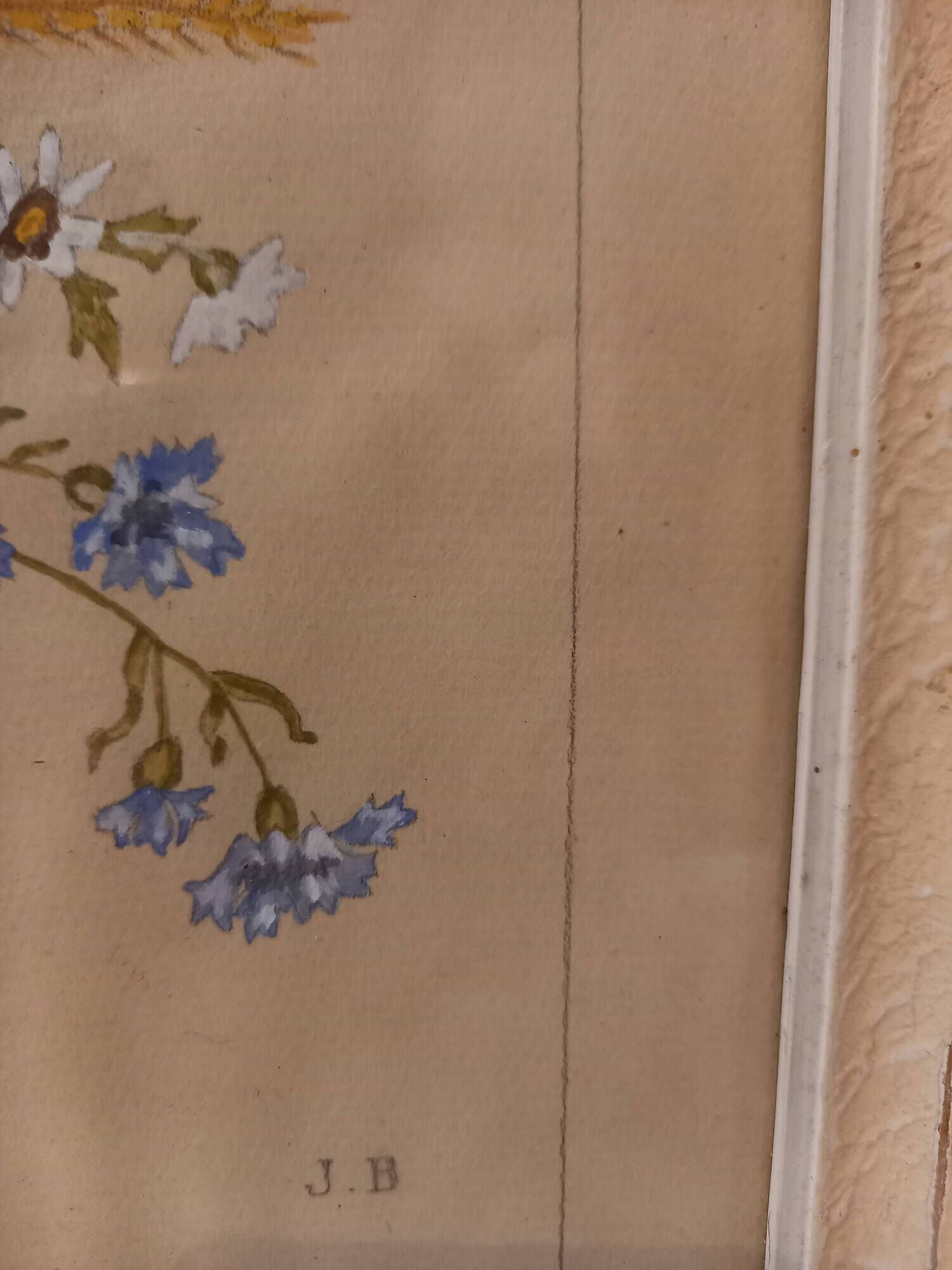 Old painting, gouache on paper, floral composition with cornflowers, poppies, wheat and chamomile