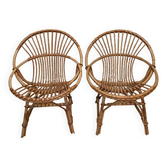 Paire de fauteuils corbeille en rotin années 60