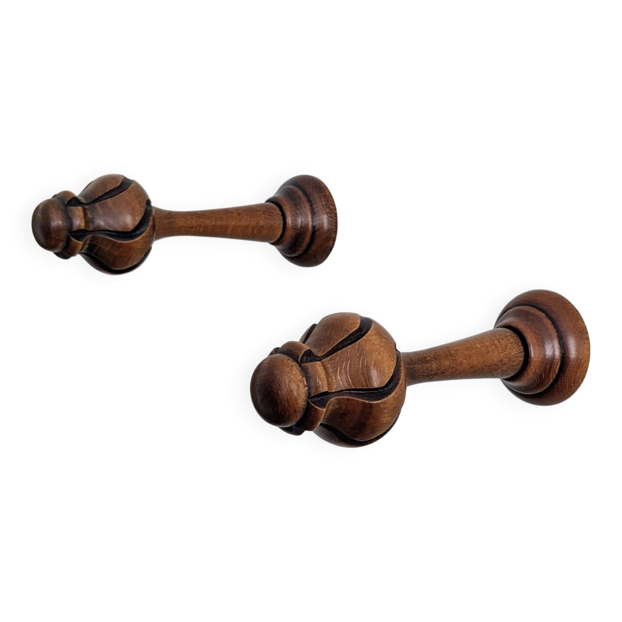 Pair of vintage turned wood coat hooks – sculpted knobs