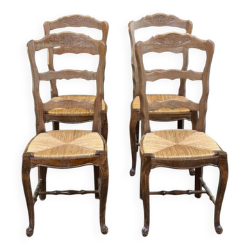 Set of 4 vintage BAUMANN chairs in oak and straw – Authentic