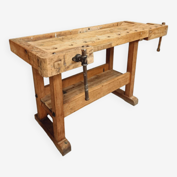 Ancien établi table d'appoint en bois de hêtre meuble de salle de bain