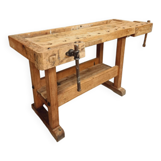 Ancien établi table d'appoint en bois de hêtre meuble de salle de bain