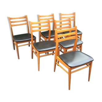 Lot of 6 Scandinavian chairs in beech and black leatherette