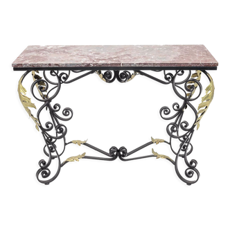 Wrought iron console with golden acanthus leaves, 1950