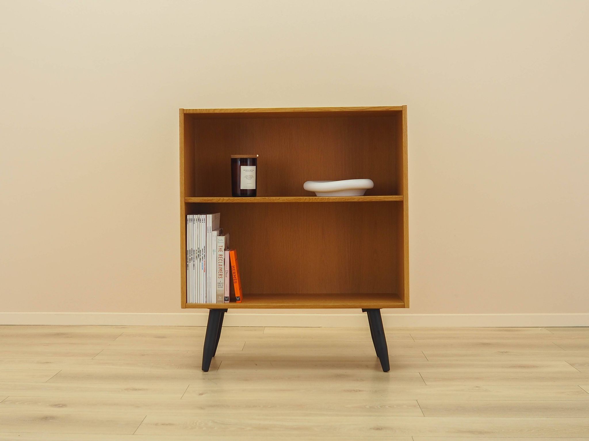 Ash shelving unit on splayed legs, Denmark, 1960s