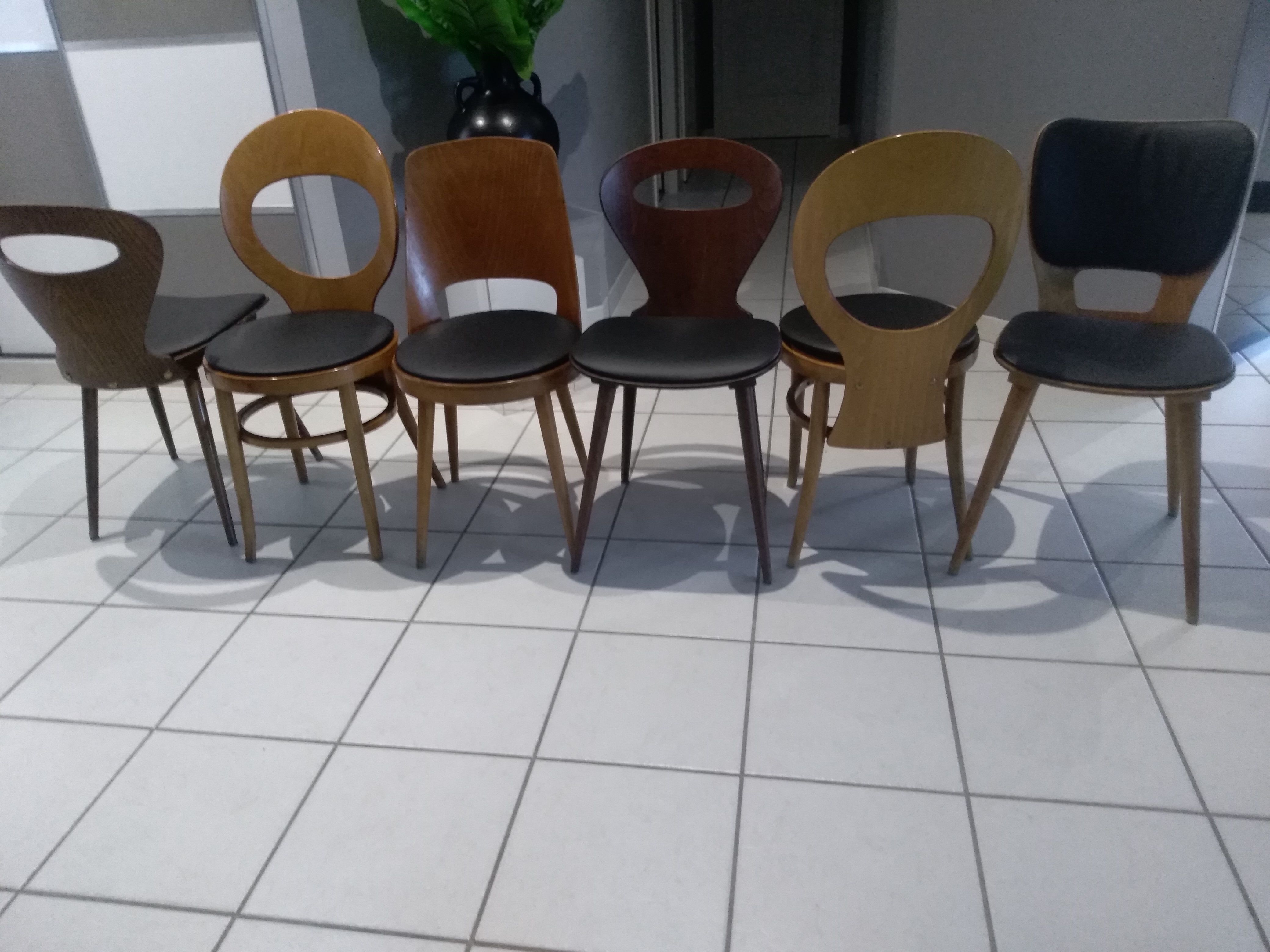 Suite of 6 chairs by Bistrot Baumann mismatched model Ant, Mondor, Seagull and Max Bill