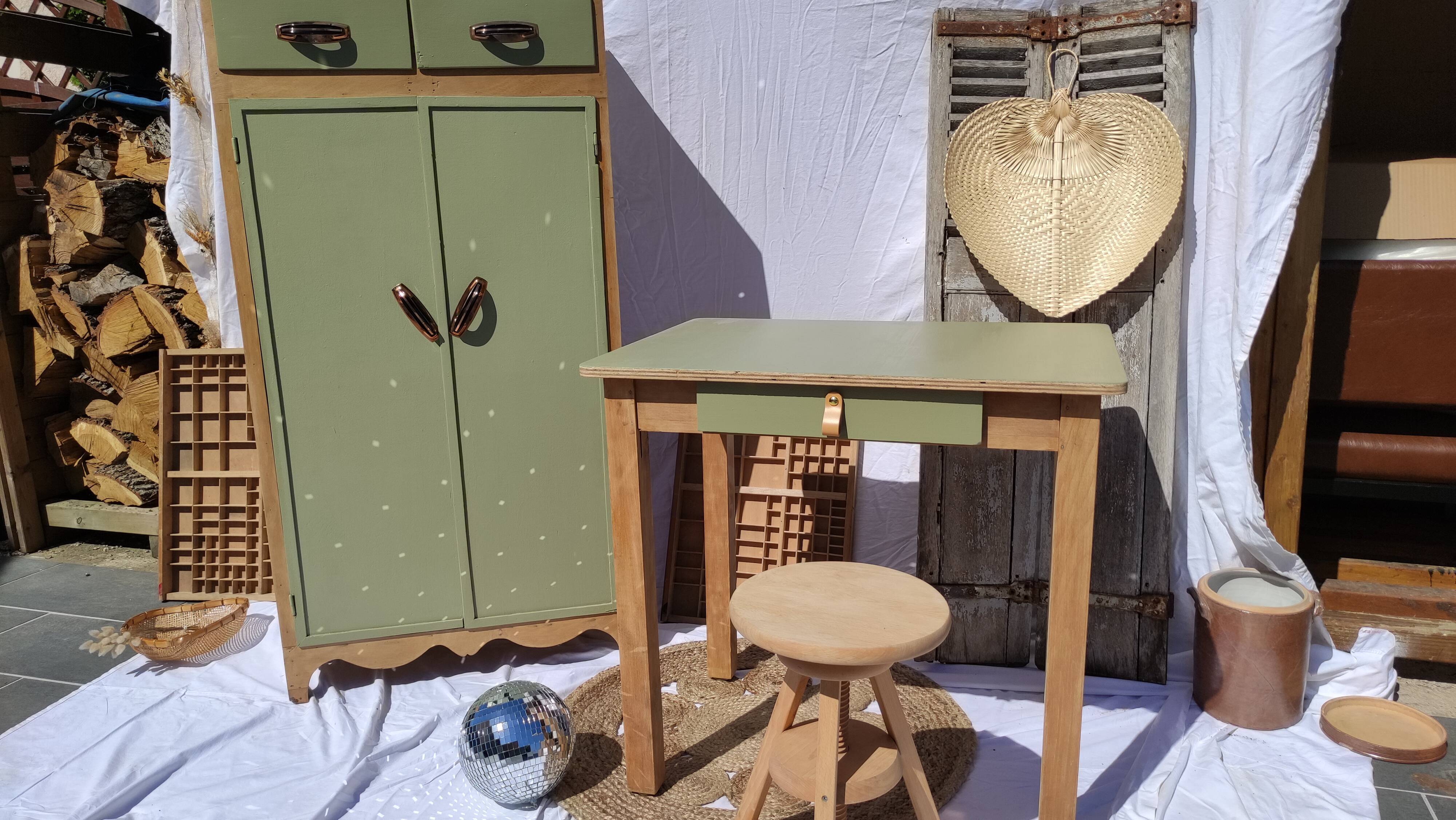 Vintage wooden stool with screws