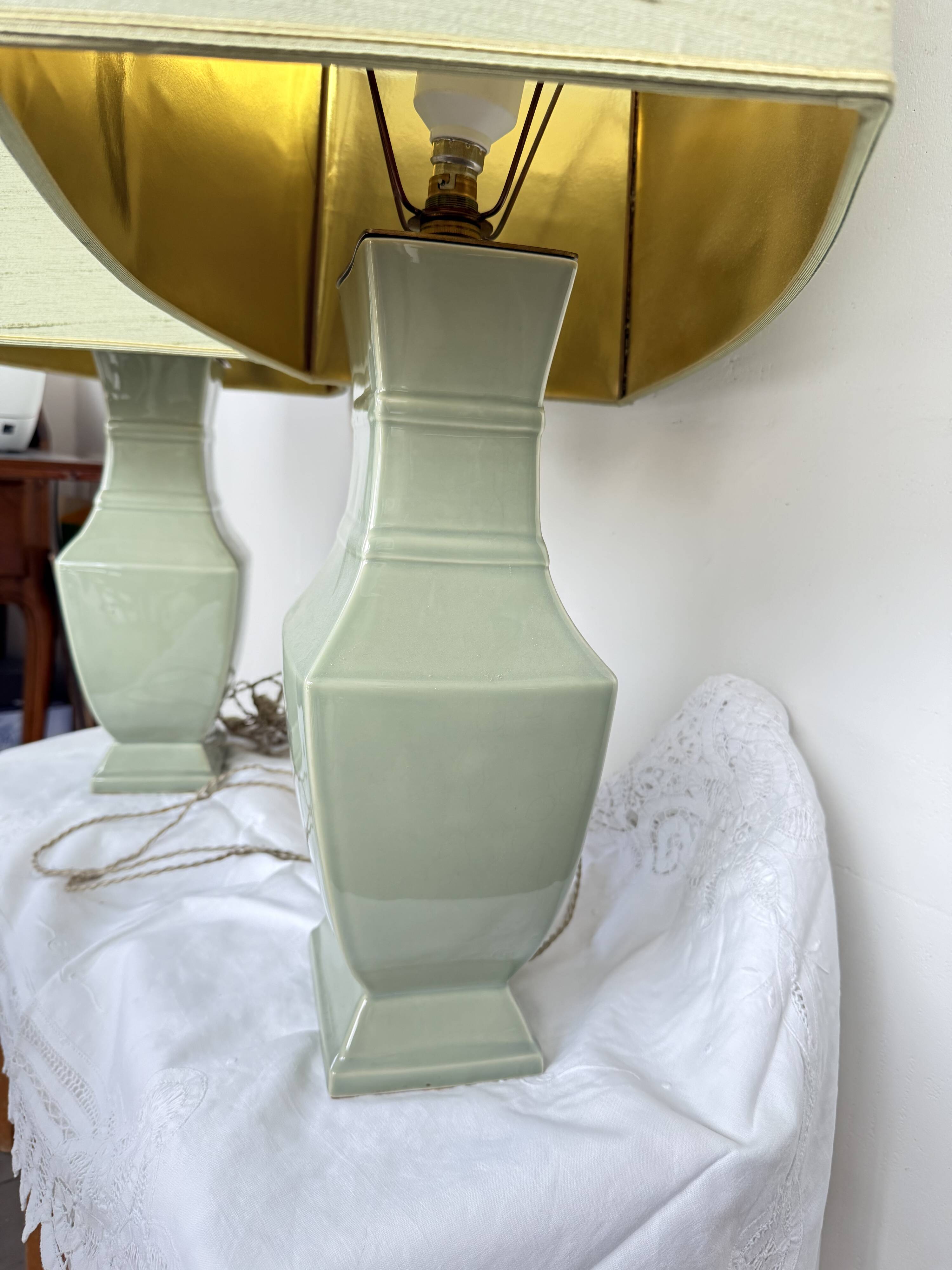 Pair of vintage celadon green ceramic lamps