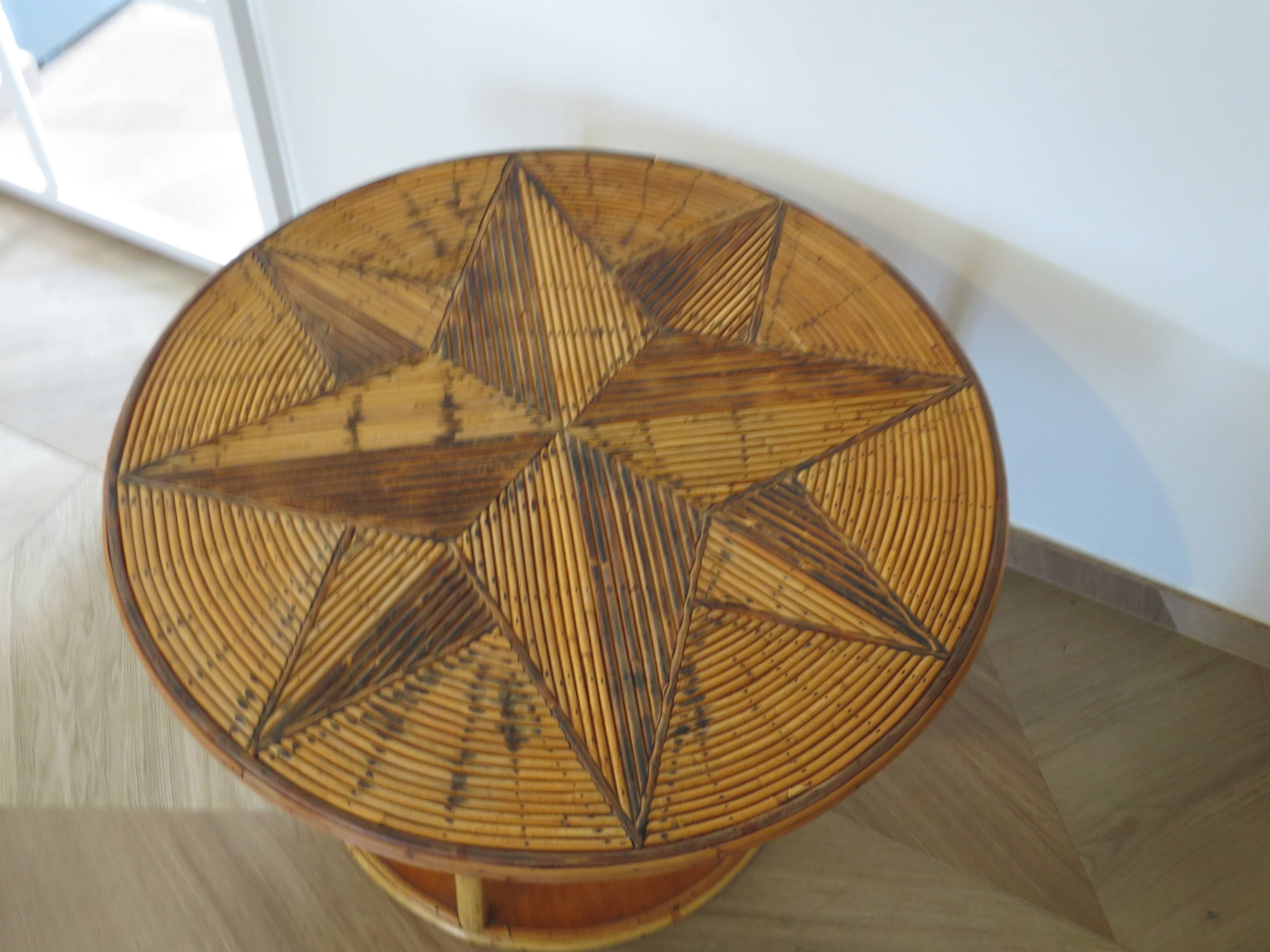 Table basse ronde bambou rotin et bois motif étoile années 80