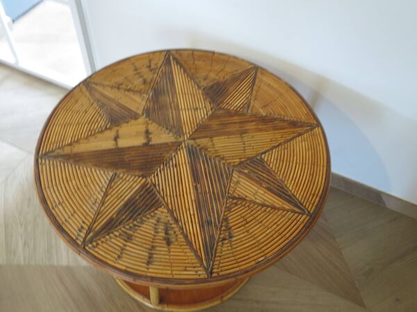 Table basse ronde bambou rotin et bois motif étoile années 80
