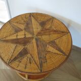 Round coffee table with bamboo, rattan and wood, star pattern, 80s