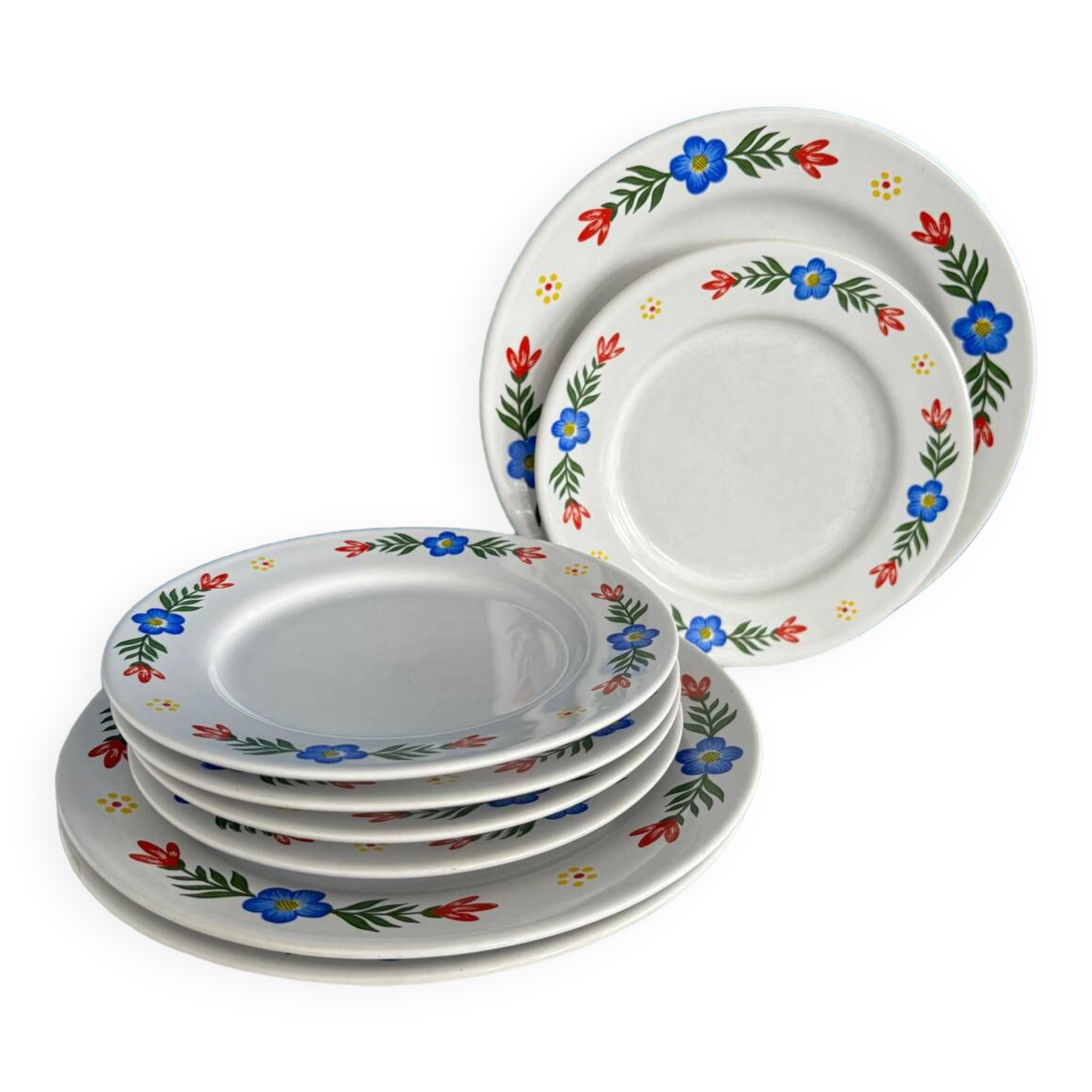 Set of 3 flat plates and 5 dessert plates with flower decoration, Tulowice Poland