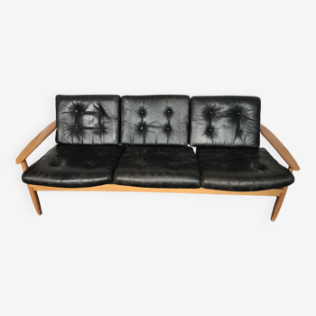 Canapé scandinave en cuir noir années 60