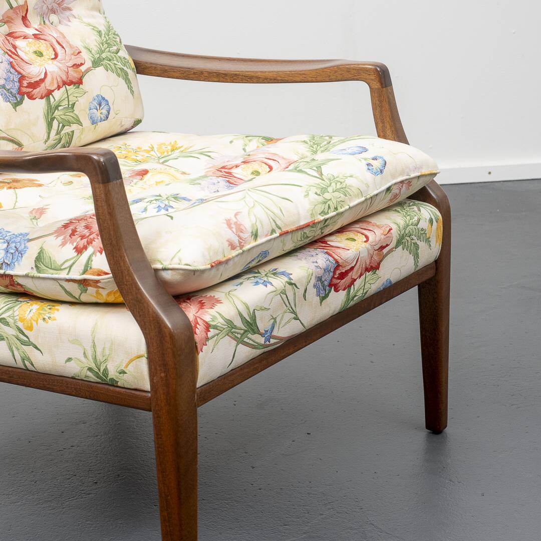 Restored 1960s armchair, floral pattern, two available.