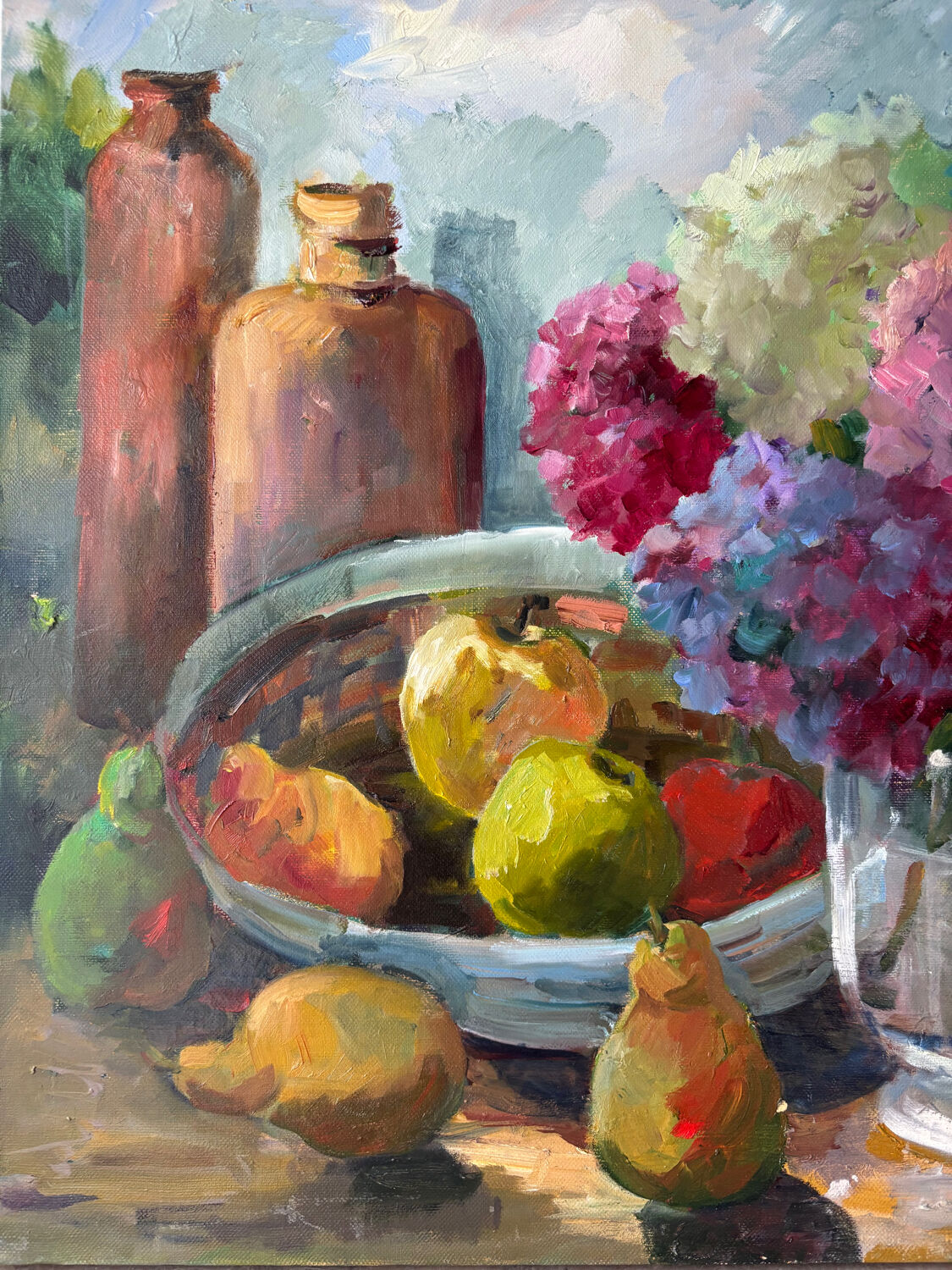 Oil on canvas "Hydrangeas and fruits" signed Paumier.