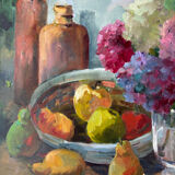 Oil on canvas "Hydrangeas and fruits" signed Paumier.
