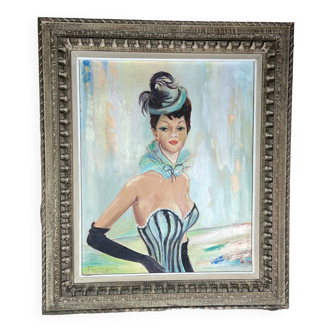 Oil painting portrait of a woman in the style of Domergue signed 1950