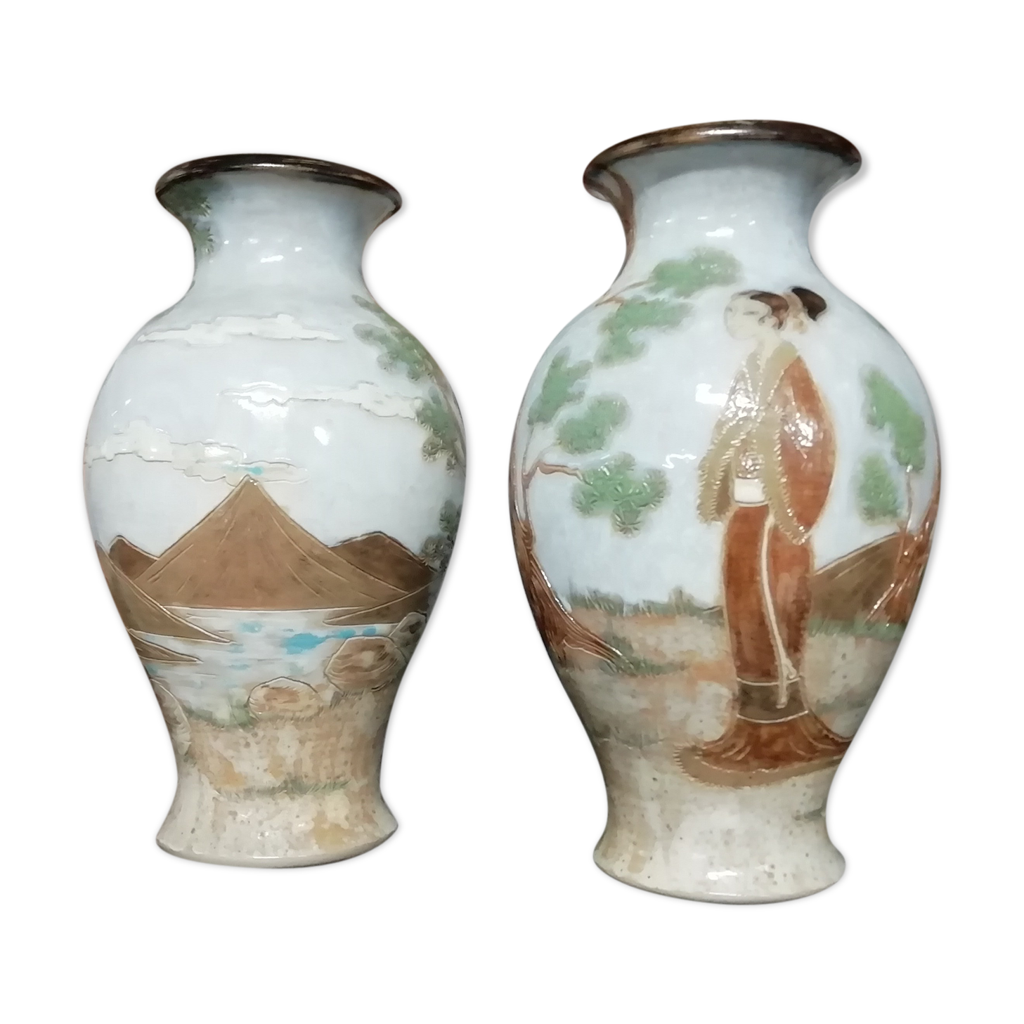 Pair of vases signed Losson in Sandstone decoration Japonisant