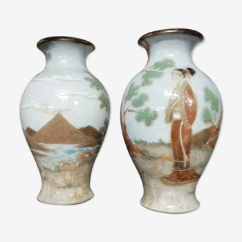 Pair of vases signed Losson in Sandstone decoration Japonisant