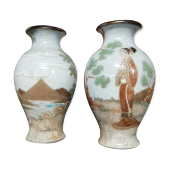 Pair of vases signed Losson in Sandstone decoration Japonisant