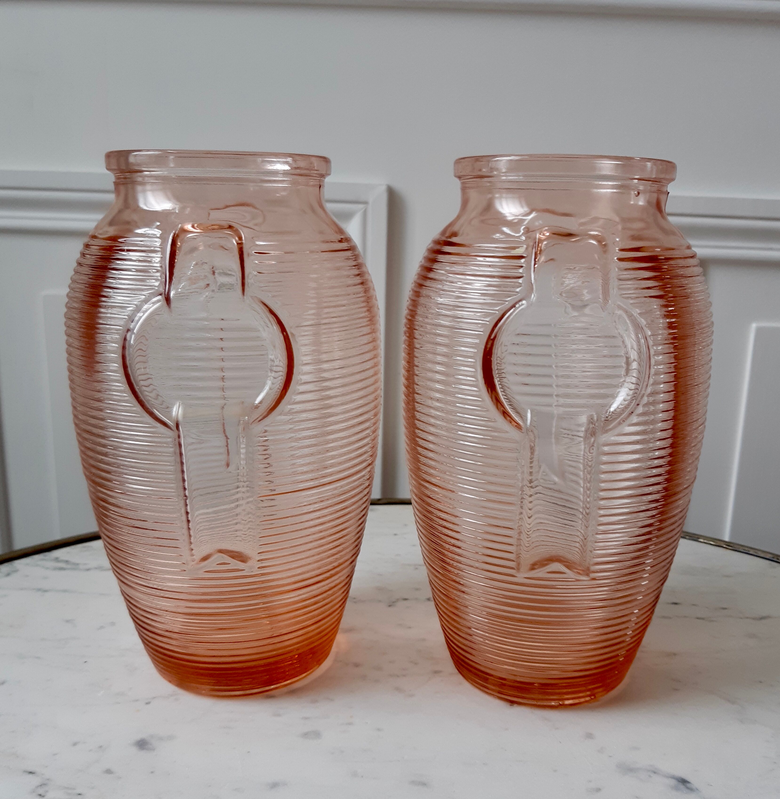 Duo of pink art deco vases
