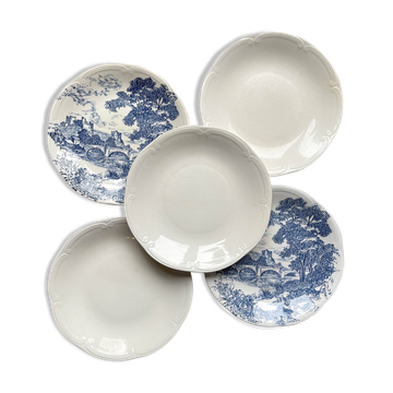 5 assiettes vintage faïence de gien france dépareillées vintage motif bleues