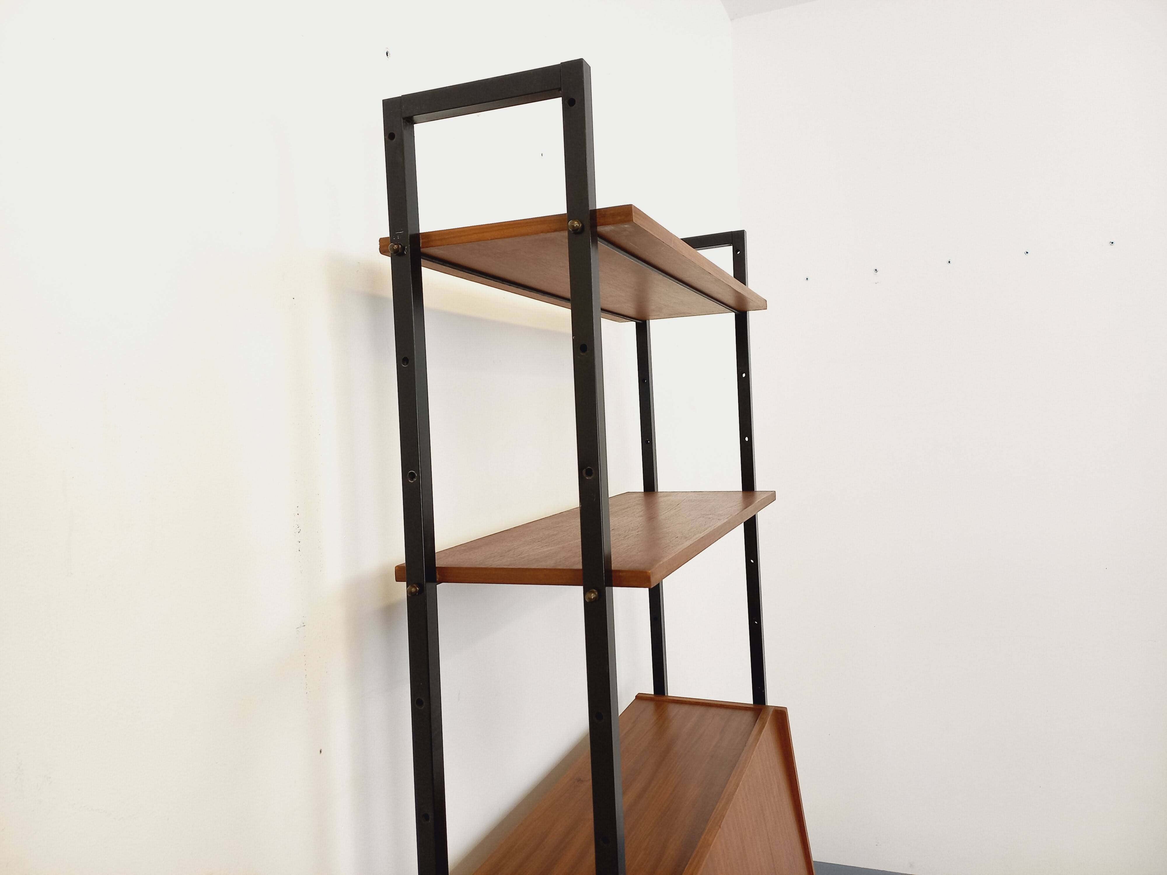 Vintage modular secretary bookshelf in teak and metal.