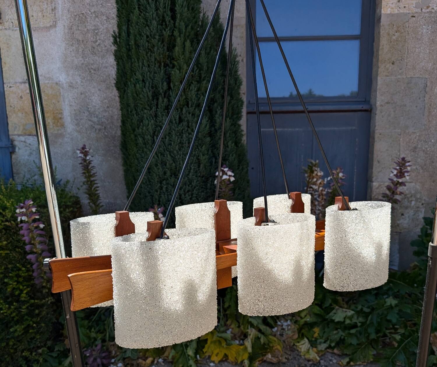 Scandinavian 6-light pendant light in teak and frosted perspex, 1960