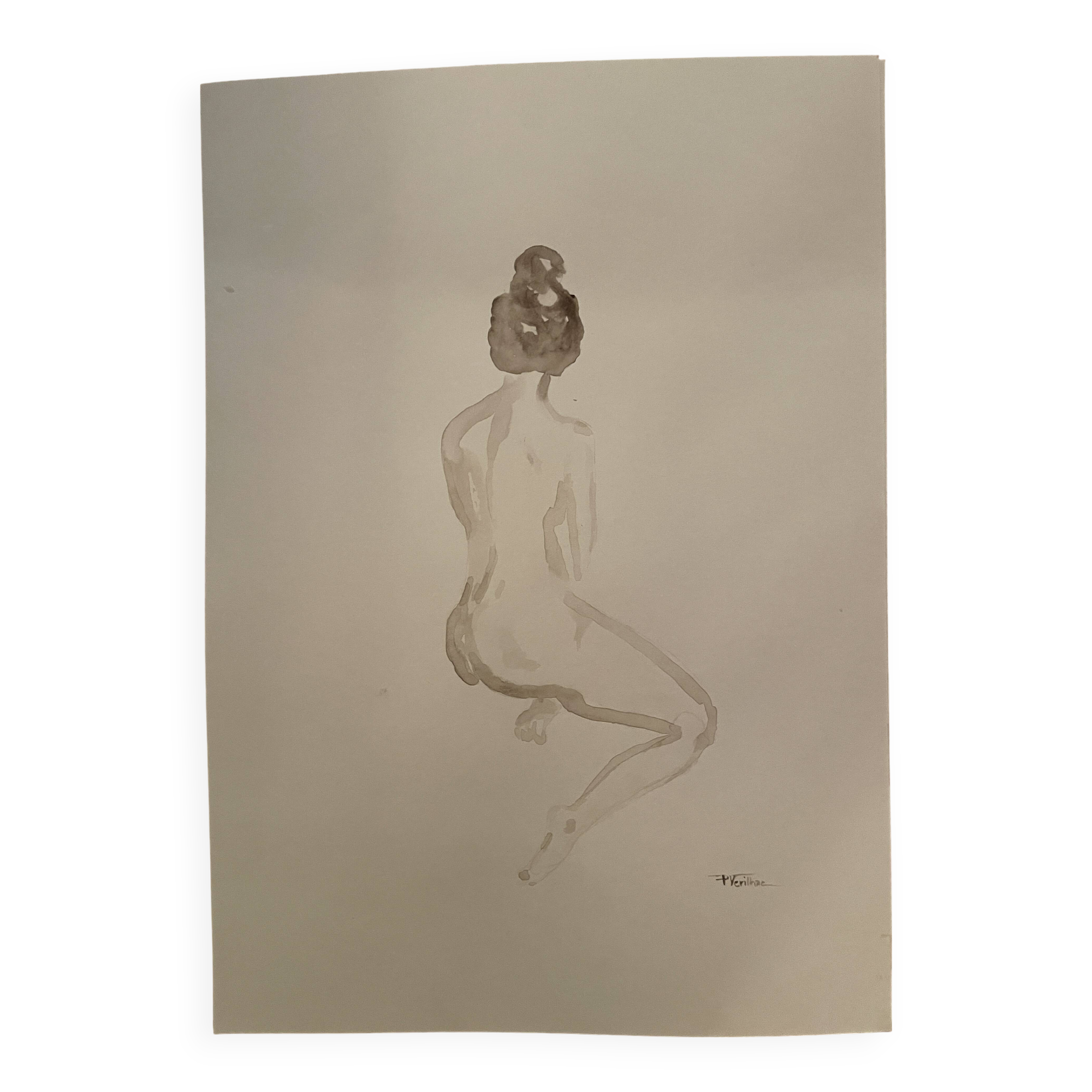 Signed painting monochrome watercolor sepia female portrait "the wait"