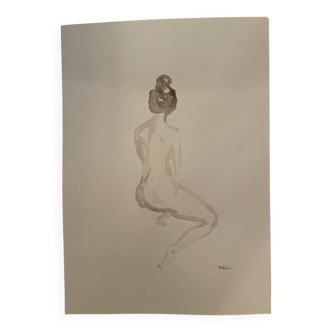 Signed painting monochrome watercolor sepia female portrait "the wait"