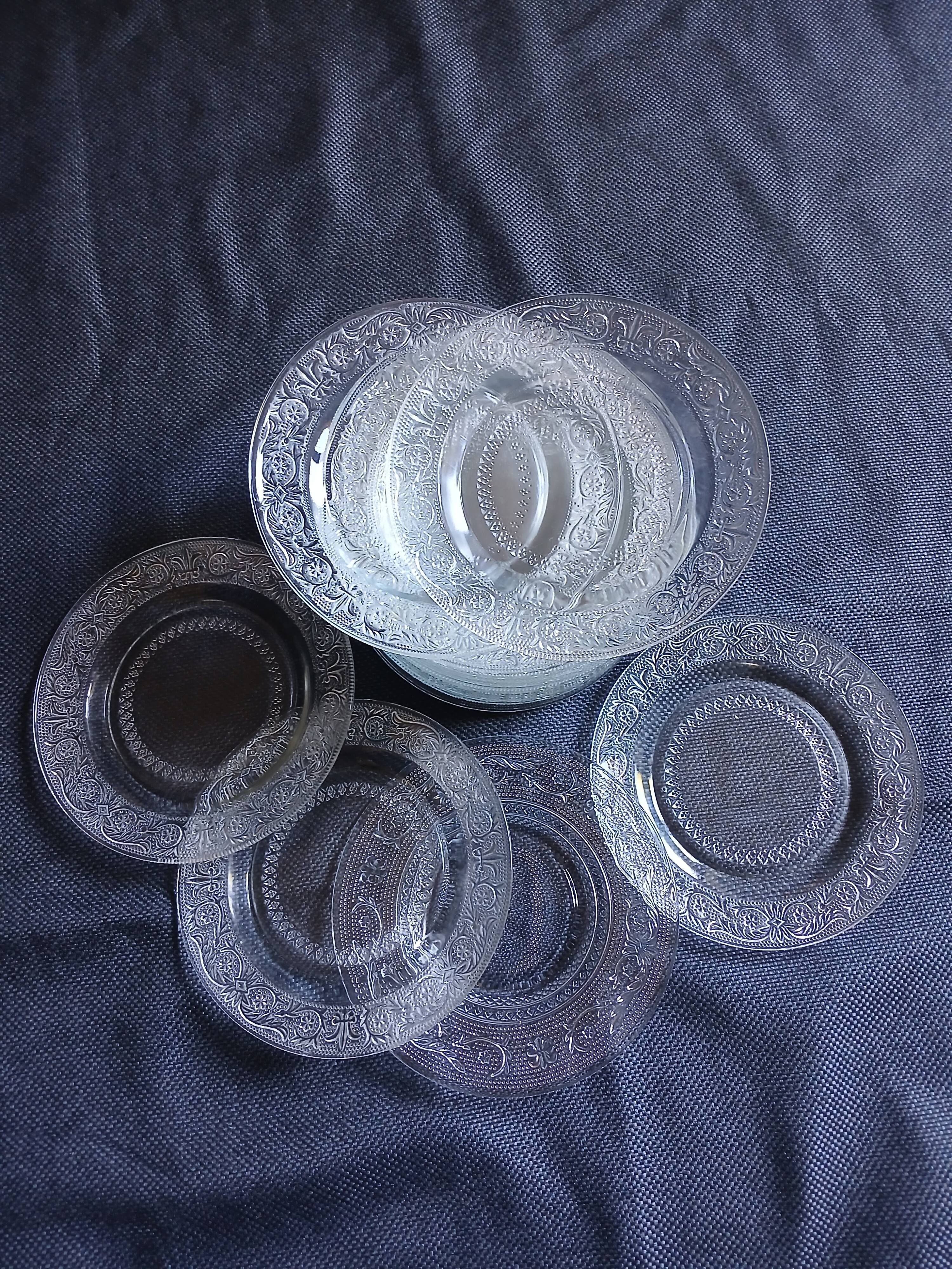 18 vintage pressed glass dessert plates