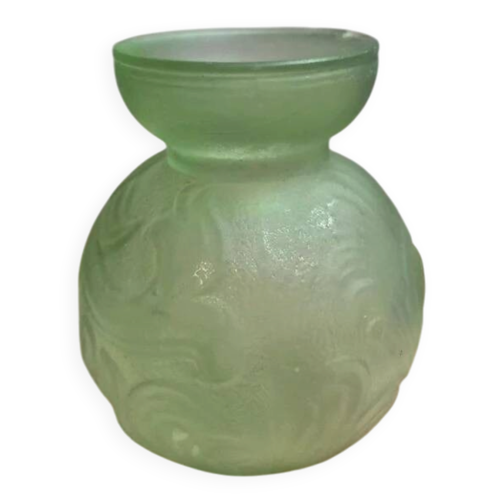 Small Art Deco round vase in moulded green pressed glass – relief decoration